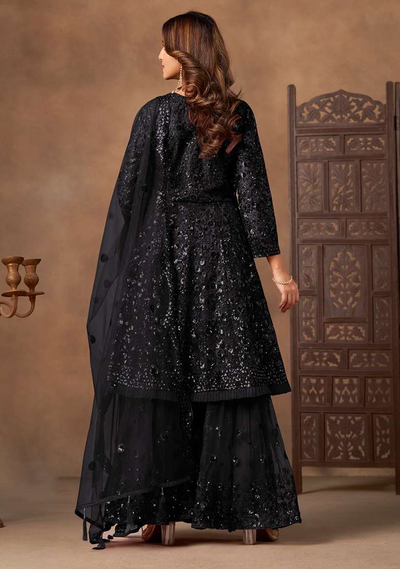Black Embroidered Net Sharara Set - Indya