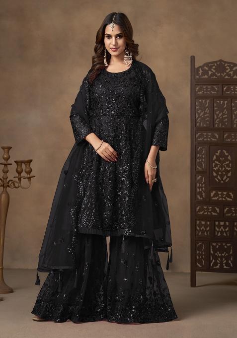 Black Sequence And Thread Work Net Kurta Set