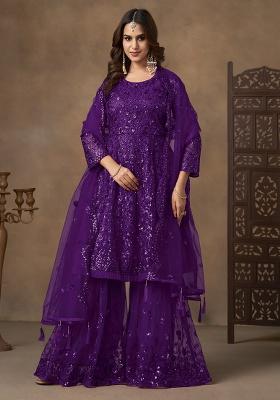 Violet Sequence And Thread Work Net Kurta Set