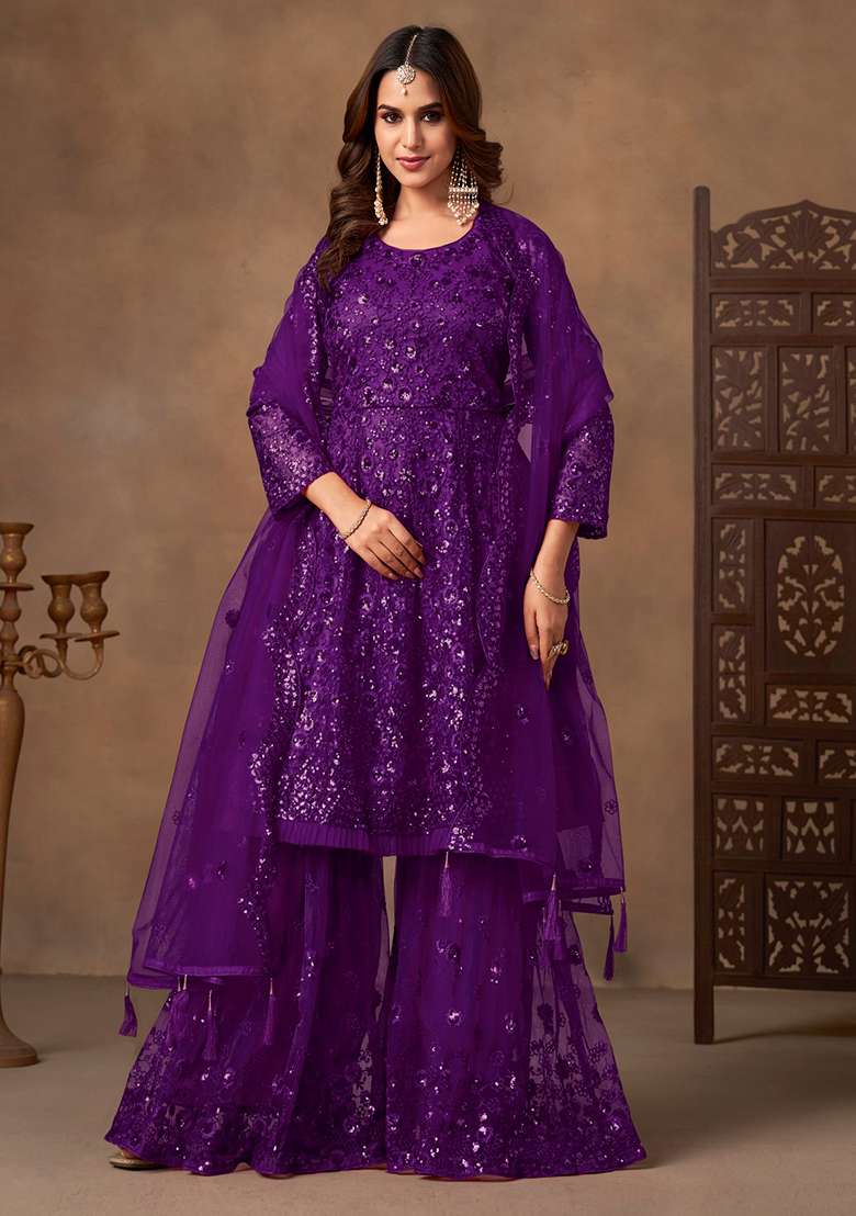 Violet Embroidered Net Sharara Set - Indya