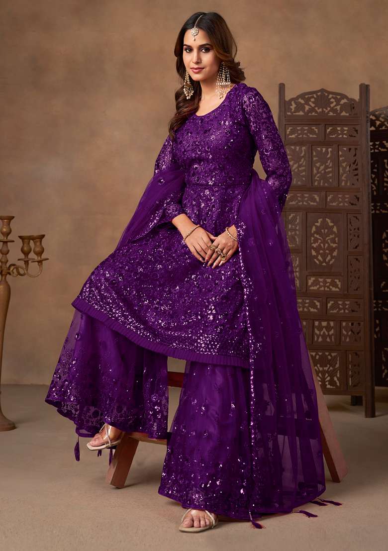 Violet Embroidered Net Sharara Set - Indya