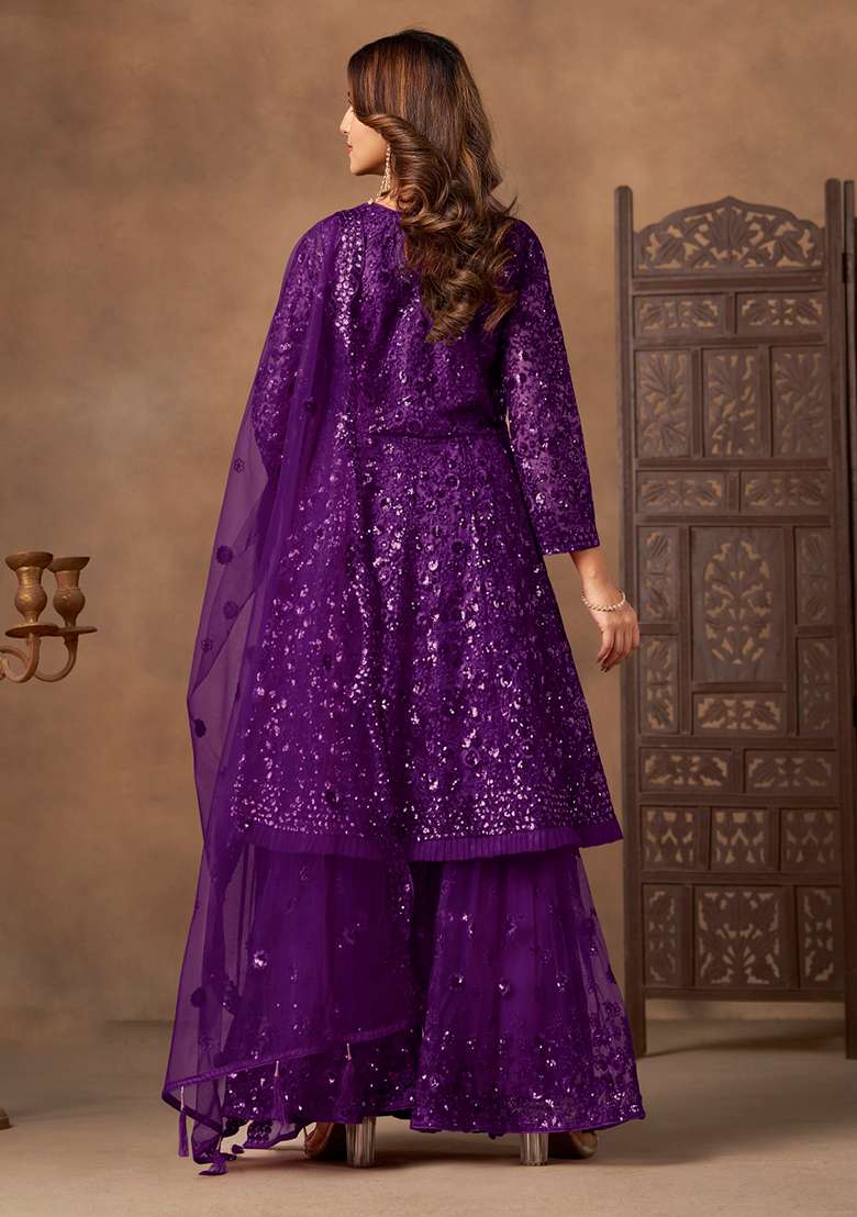Violet Embroidered Net Sharara Set - Indya