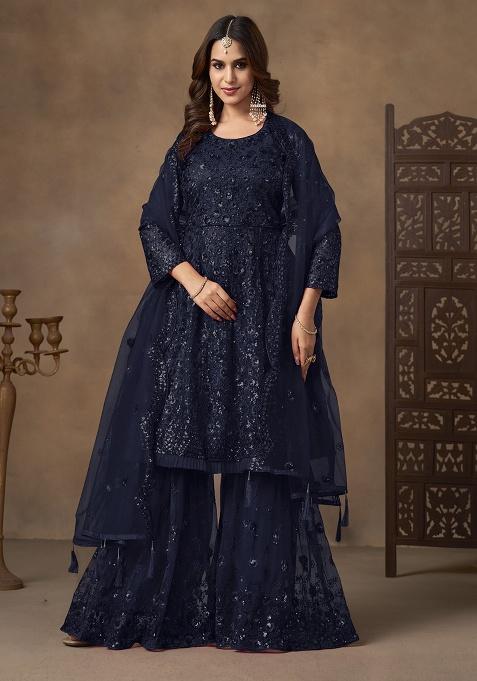 Navy Blue Sequence And Thread Work Net Kurta Set