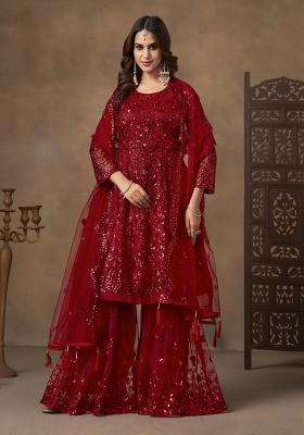 Red Sequence And Thread Work Net Kurta Set