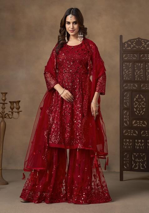 Red Sequence And Thread Work Net Kurta Set
