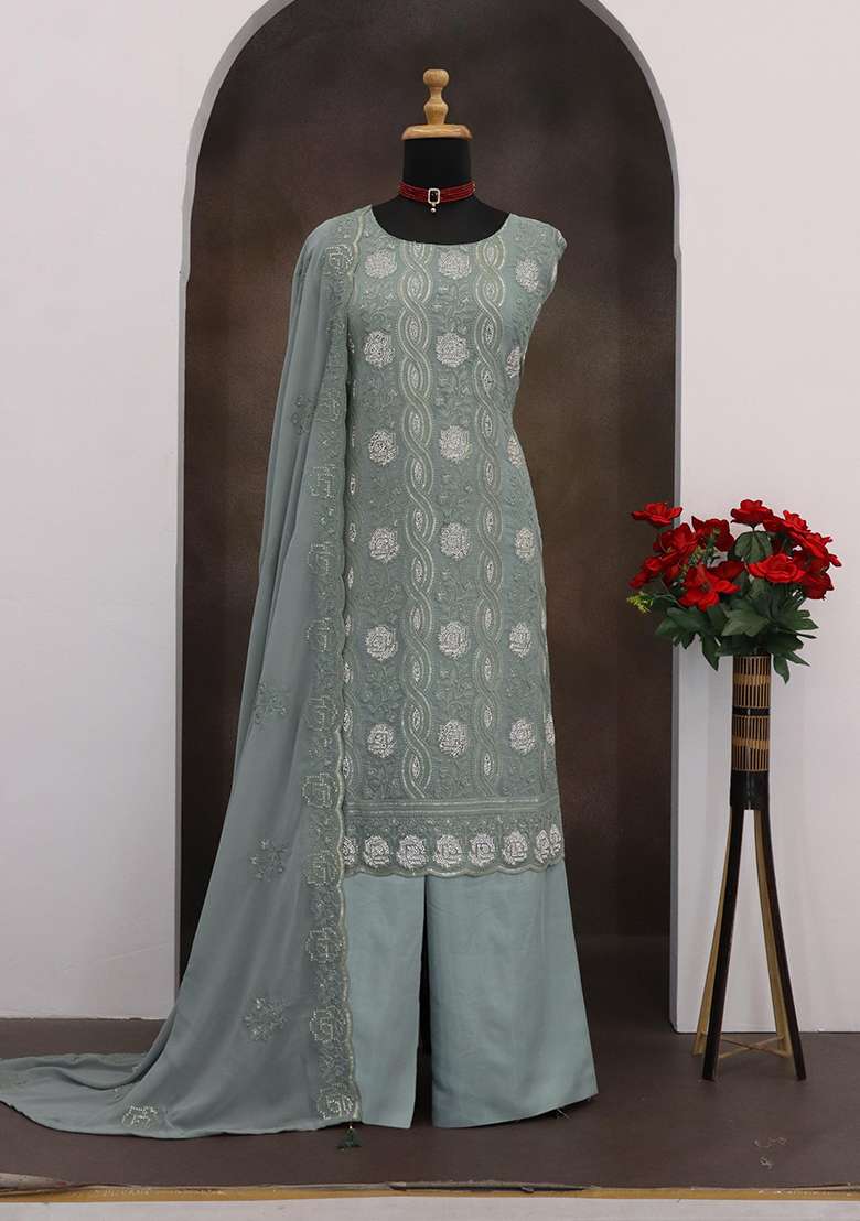 Sea Green Chikankari Georgette Pakistani Suit Set - Indya