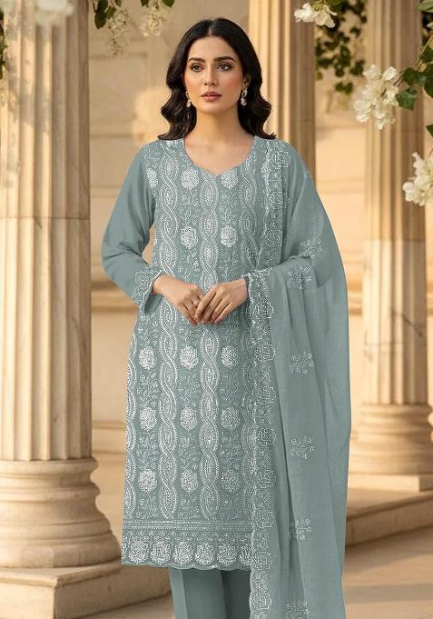 Sea Green Sequence And Thread Work Georgette Kurta Set