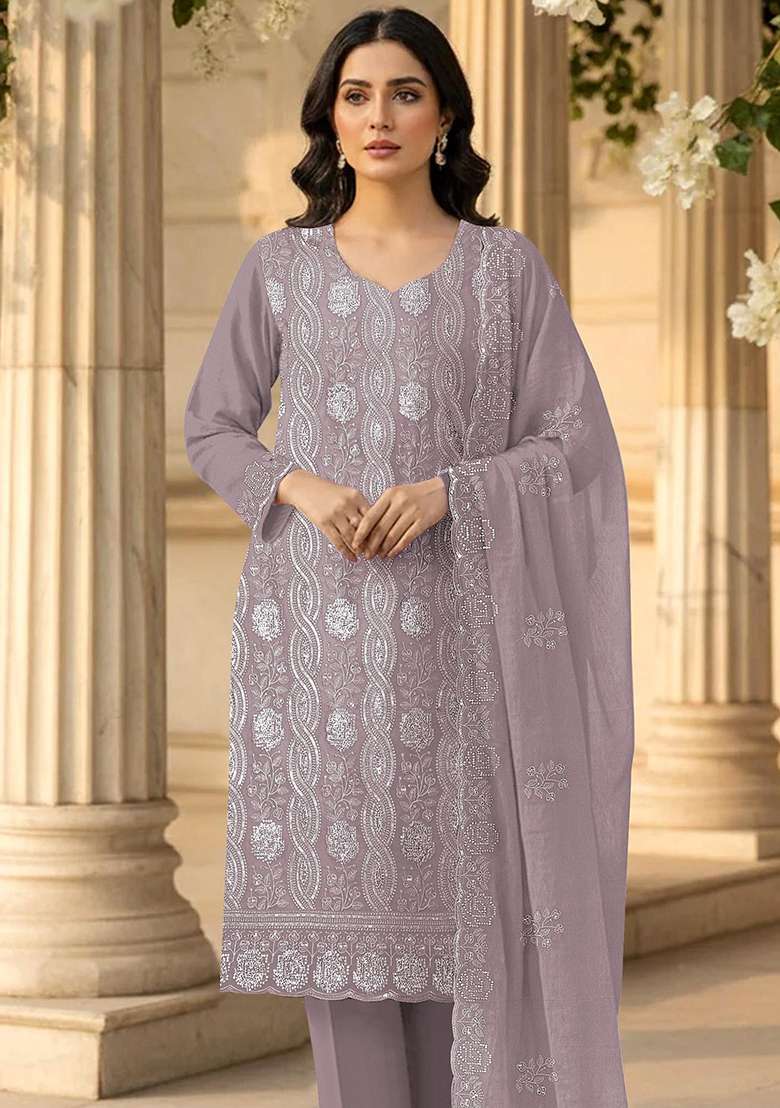 Lavender Chikankari Georgette Pakistani Suit Set - Indya