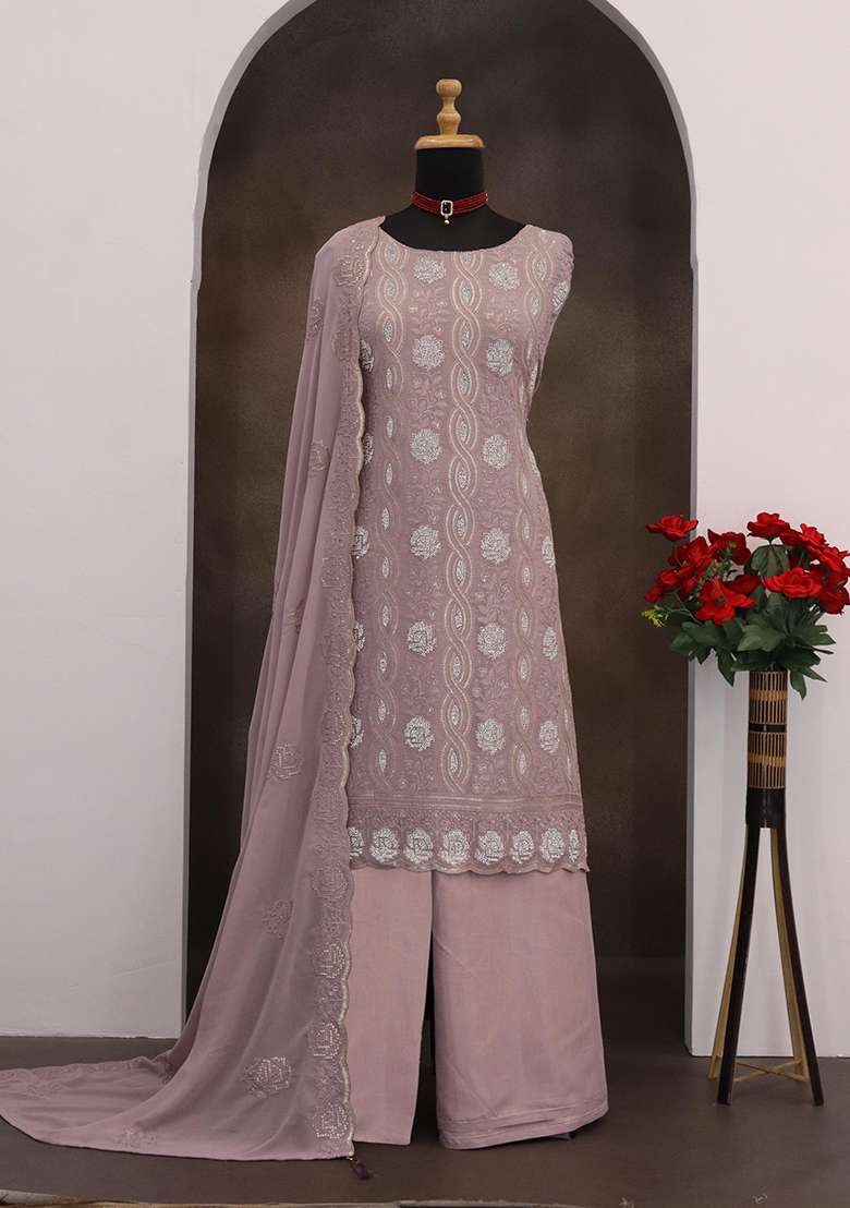 Lavender Chikankari Georgette Pakistani Suit Set - Indya