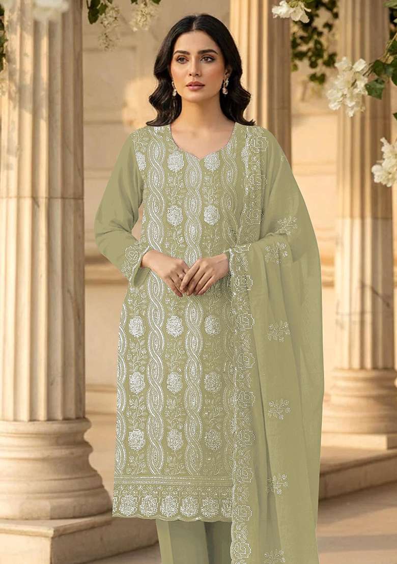 Green Chikankari Georgette Pakistani Suit Set - Indya