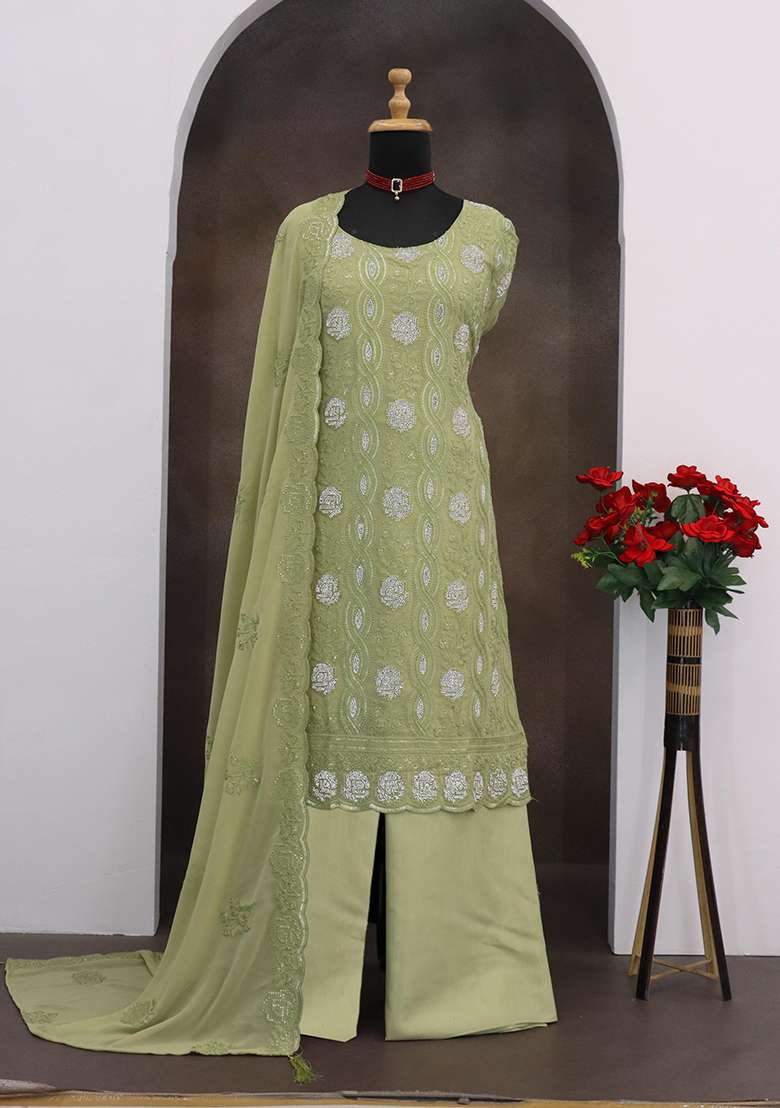 Green Chikankari Georgette Pakistani Suit Set - Indya