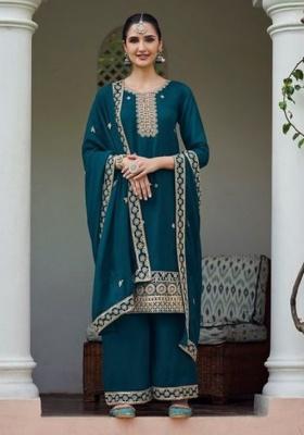 Teal Blue Sequence And Thread Work Georgette Kurta Set