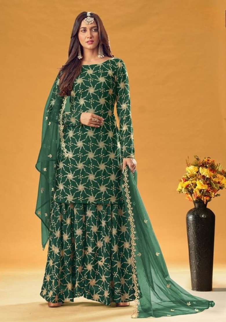 Dark Green Embroidered Georgette Sharara Set - Indya