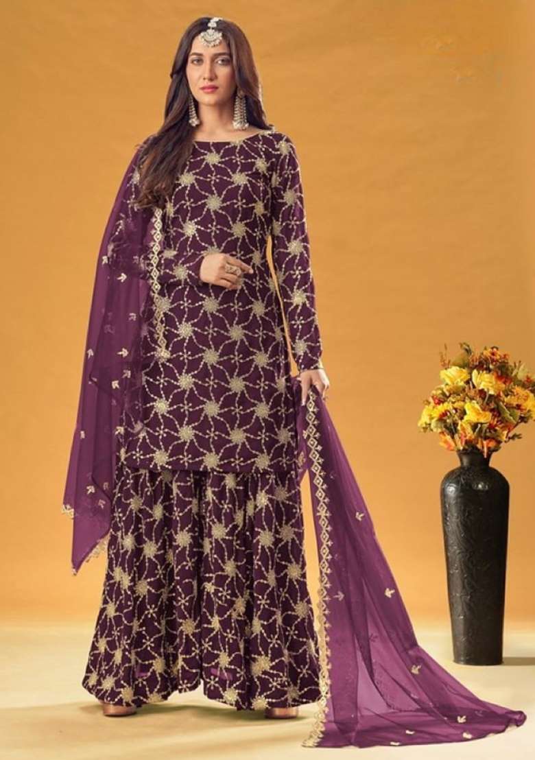 Purple Embroidered Georgette Sharara Set - Indya