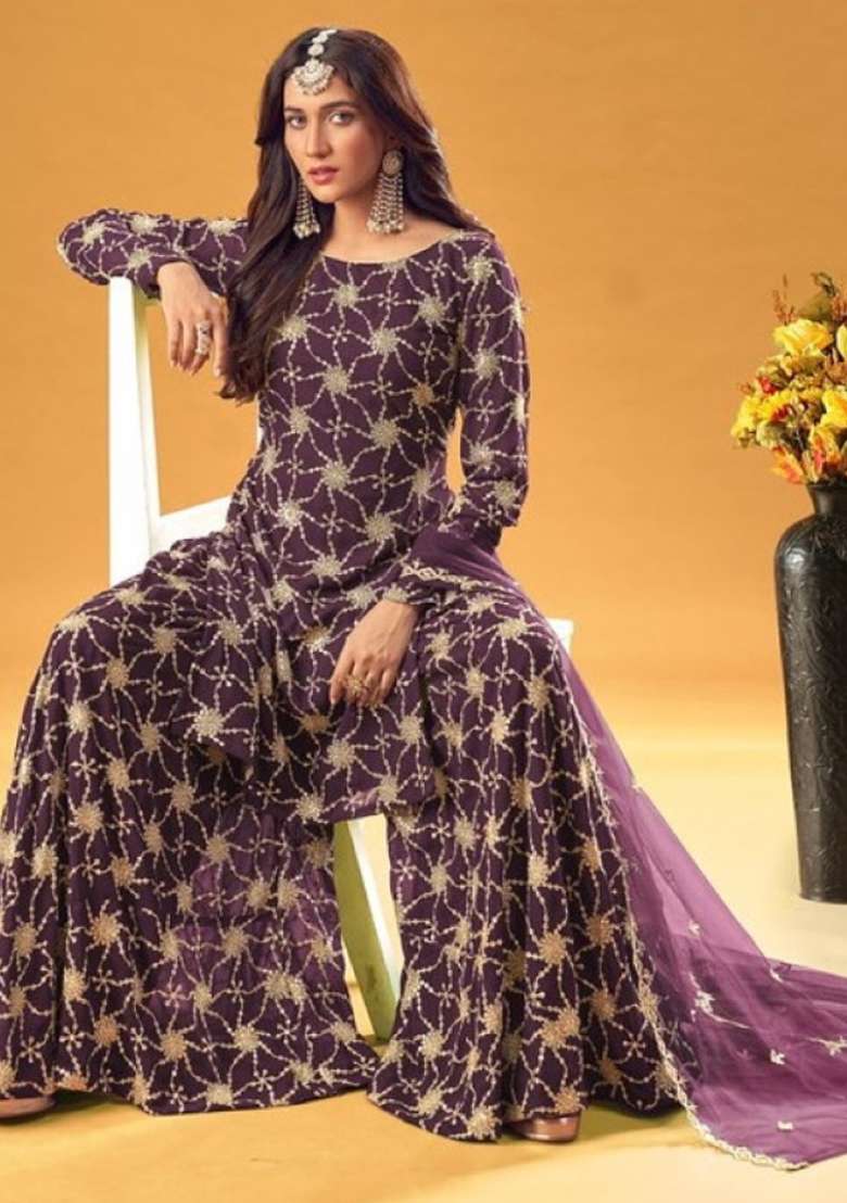 Purple Embroidered Georgette Sharara Set - Indya