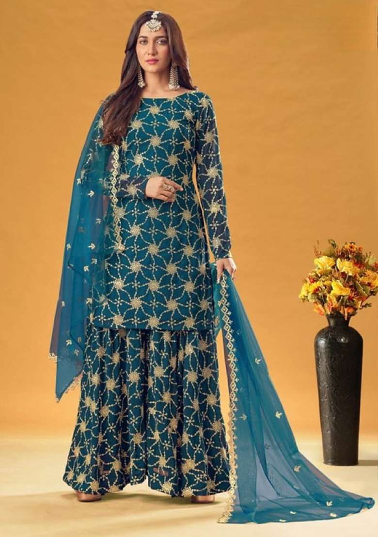 Teal Blue Embroidered Georgette Sharara Set - Indya