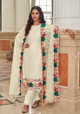 Cream Sequence And Thread Work Georgette Kurta Set