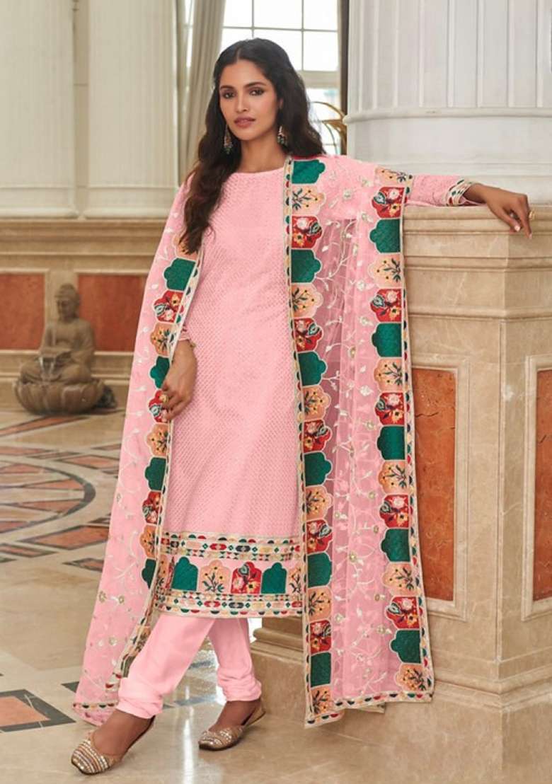 Baby Pink Embroidered Georgette Straight Kurta Set - Indya