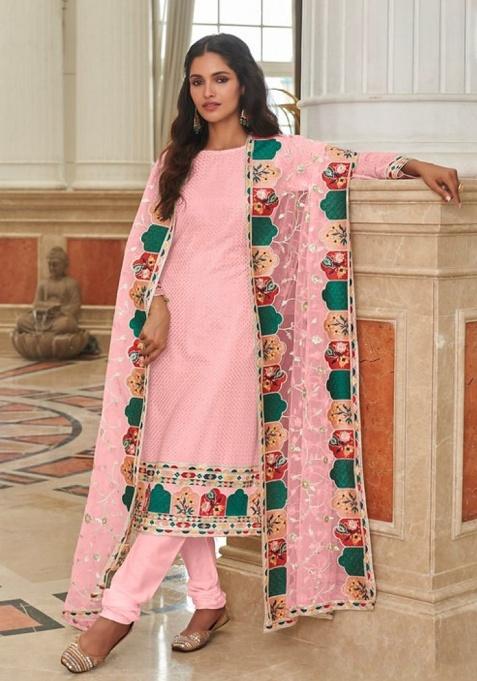 Baby Pink Sequence And Thread Work Georgette Kurta Set