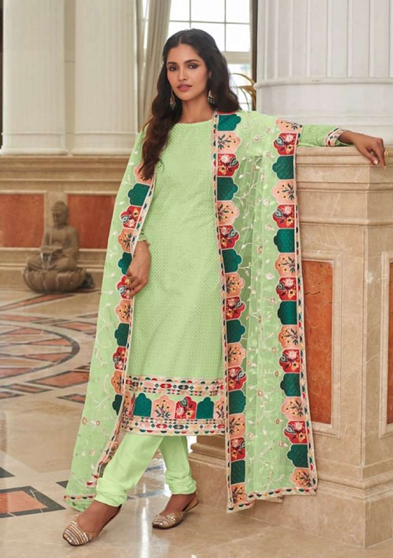 Green Striped Georgette Straight Kurta Set - Indya