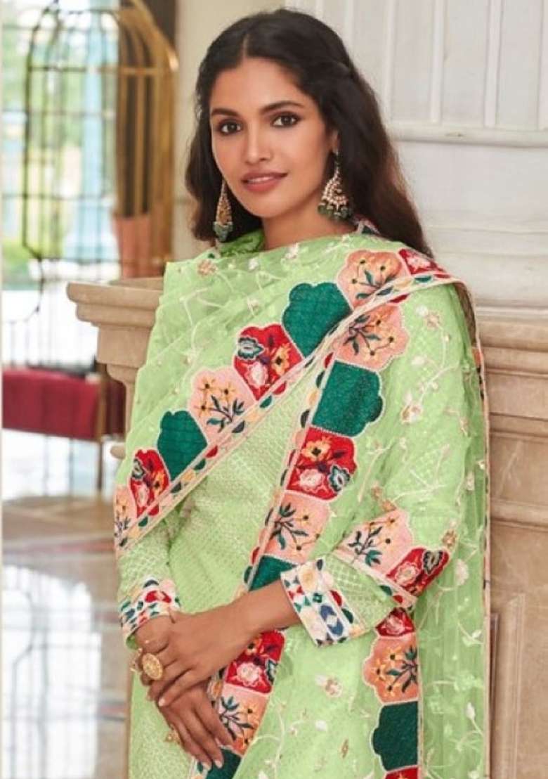 Green Striped Georgette Straight Kurta Set - Indya