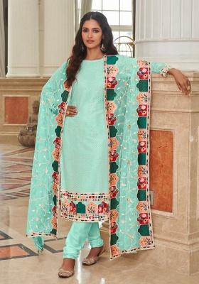 Turquoise Sequence And Thread Work Georgette Kurta Set