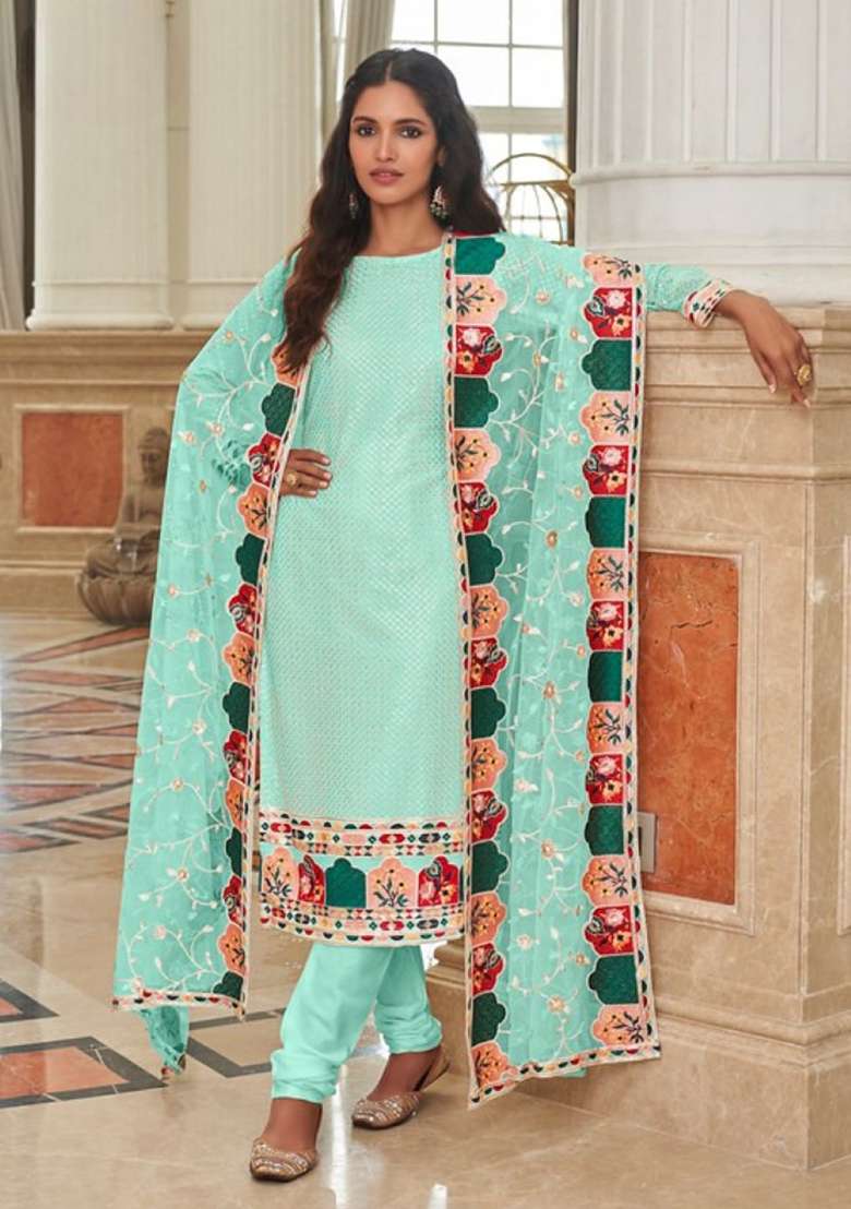 Turquoise Chikankari Georgette Straight Kurta Set - Indya
