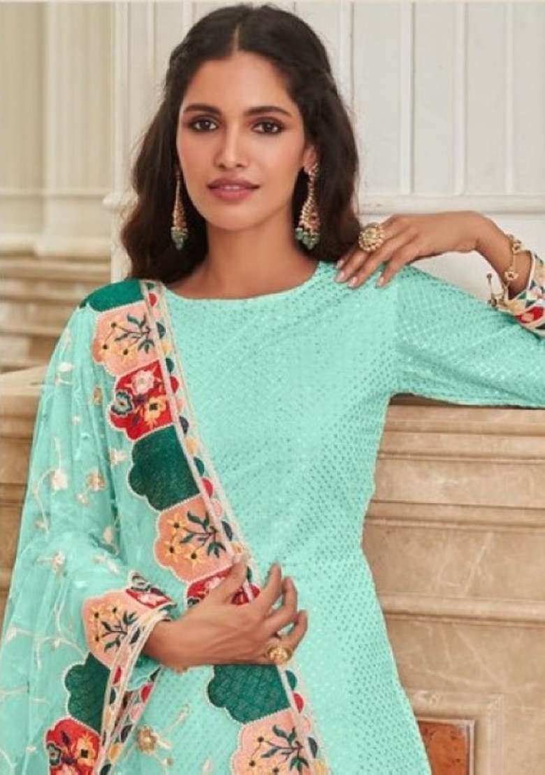 Turquoise Chikankari Georgette Straight Kurta Set - Indya