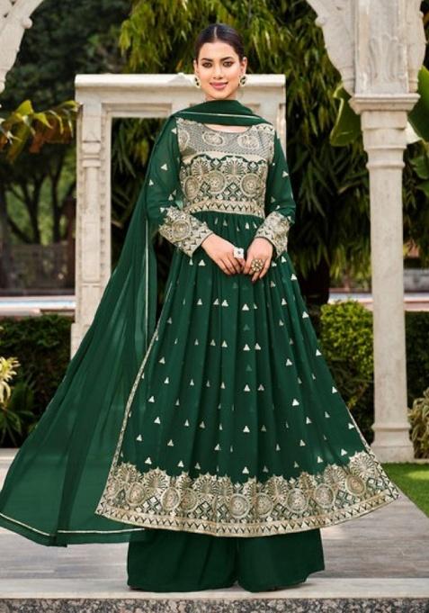 Dark Green Sequence And Thread Work Georgette Kurta Set