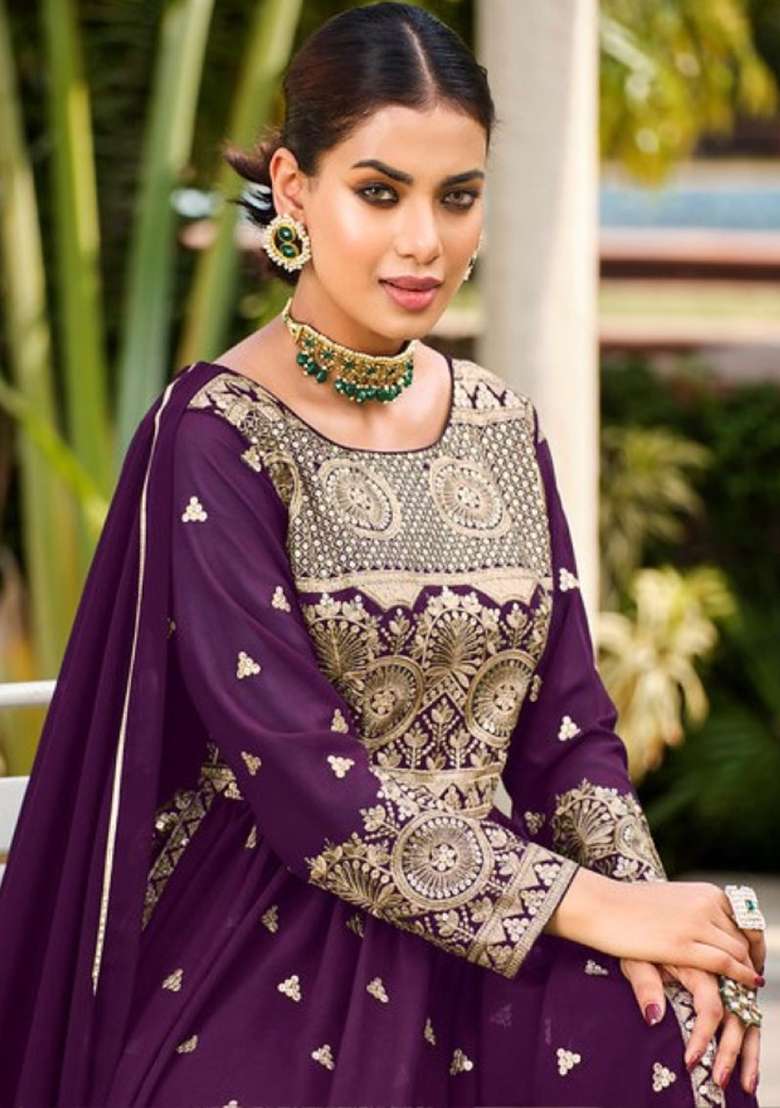 Purple Embroidered Georgette Anarkali Set - Indya