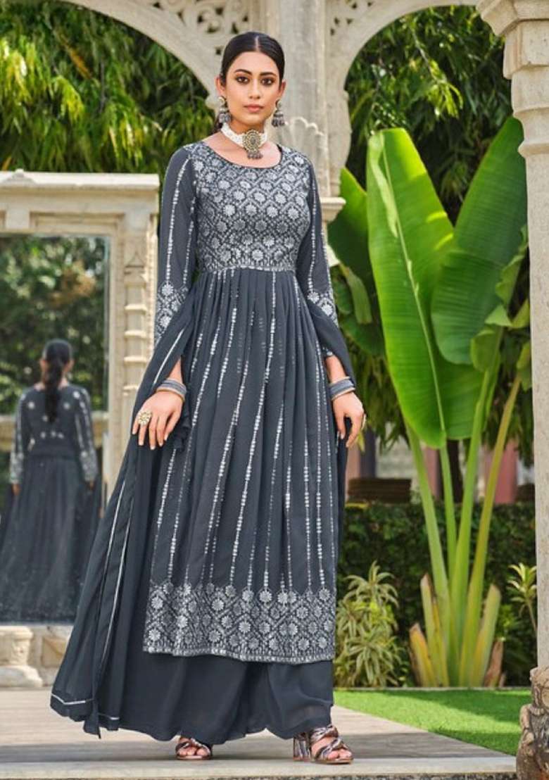 Grey Sequence And Thread Work Georgette Kurta Set - Indya