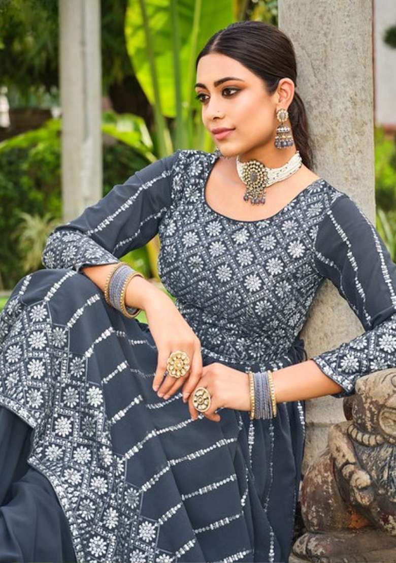 Grey Sequence And Thread Work Georgette Kurta Set - Indya