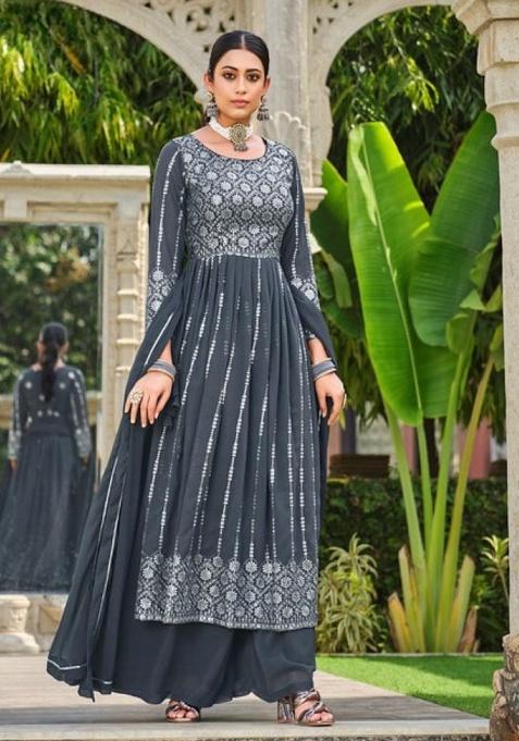 Grey Sequence And Thread Work Georgette Kurta Set