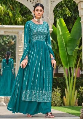 Blue Sequence And Thread Work Georgette Kurta Set