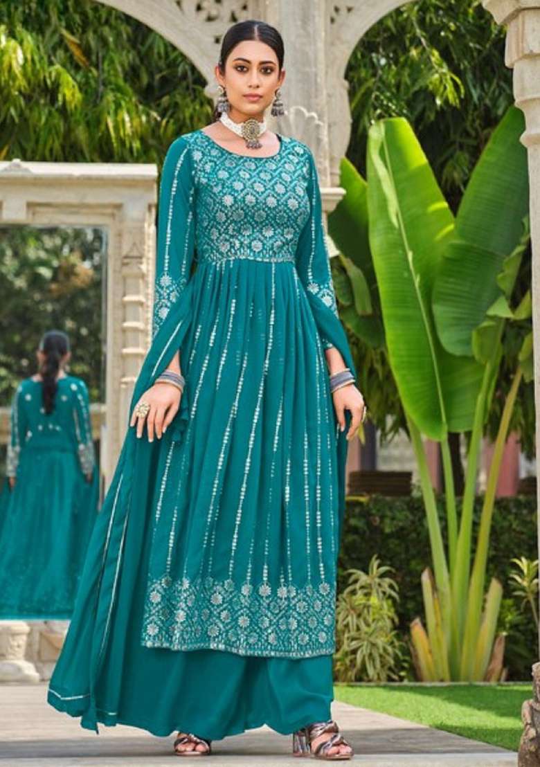 Blue Embroidered Georgette Anarkali Set - Indya