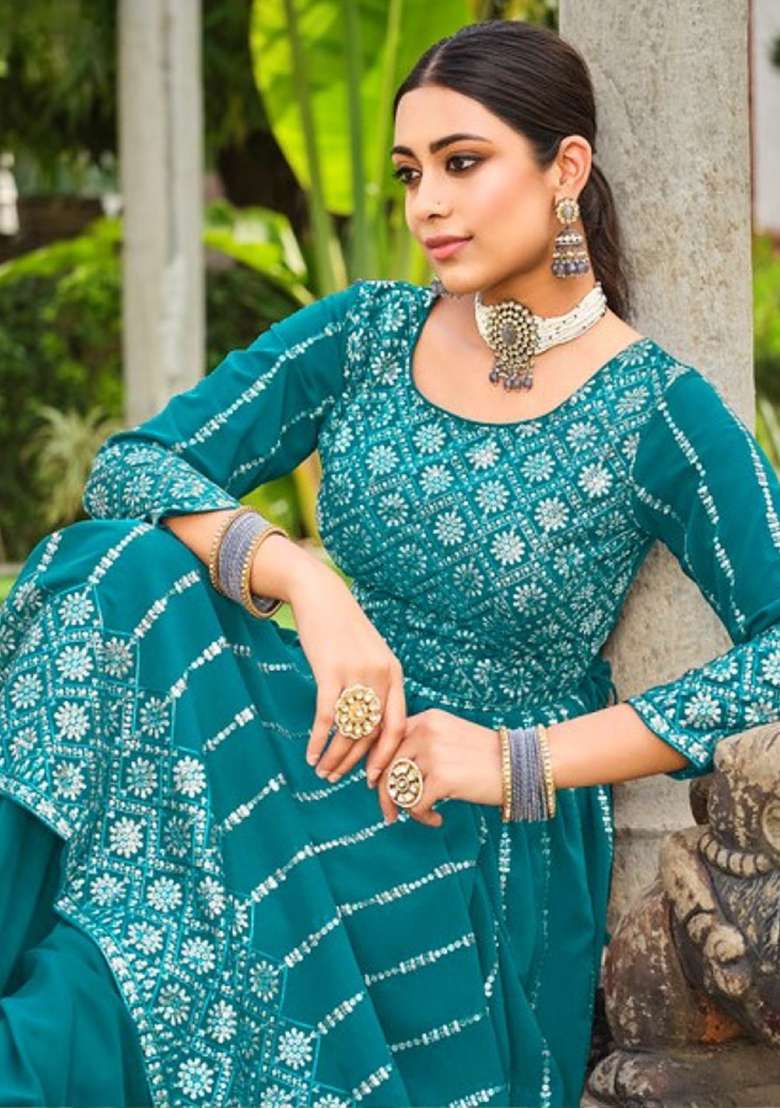 Blue Embroidered Georgette Anarkali Set - Indya