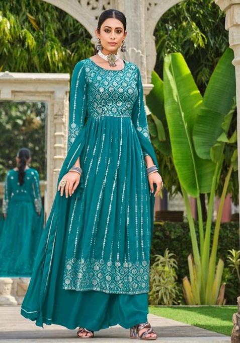 Blue Sequence And Thread Work Georgette Kurta Set