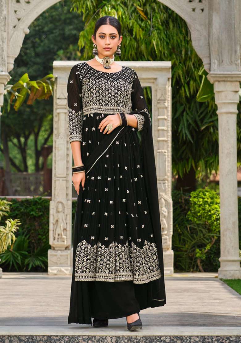 Black Embroidered Georgette Anarkali Set - Indya
