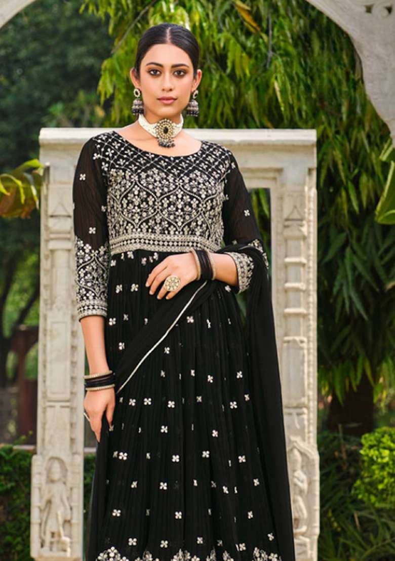 Black Embroidered Georgette Anarkali Set - Indya
