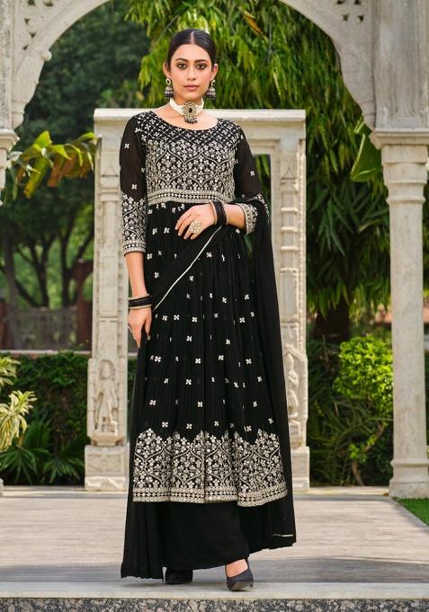 Black Sequence And Thread Work Georgette Kurta Set