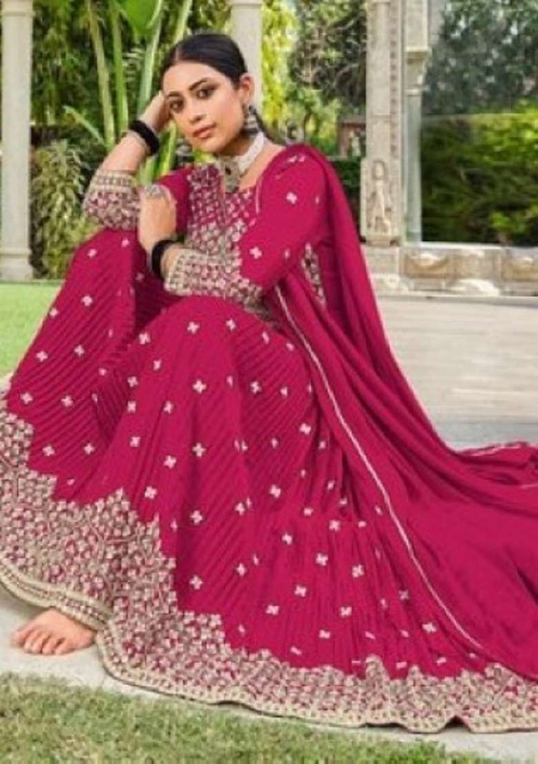 Red Sequence And Thread Work Georgette Kurta Set - Indya