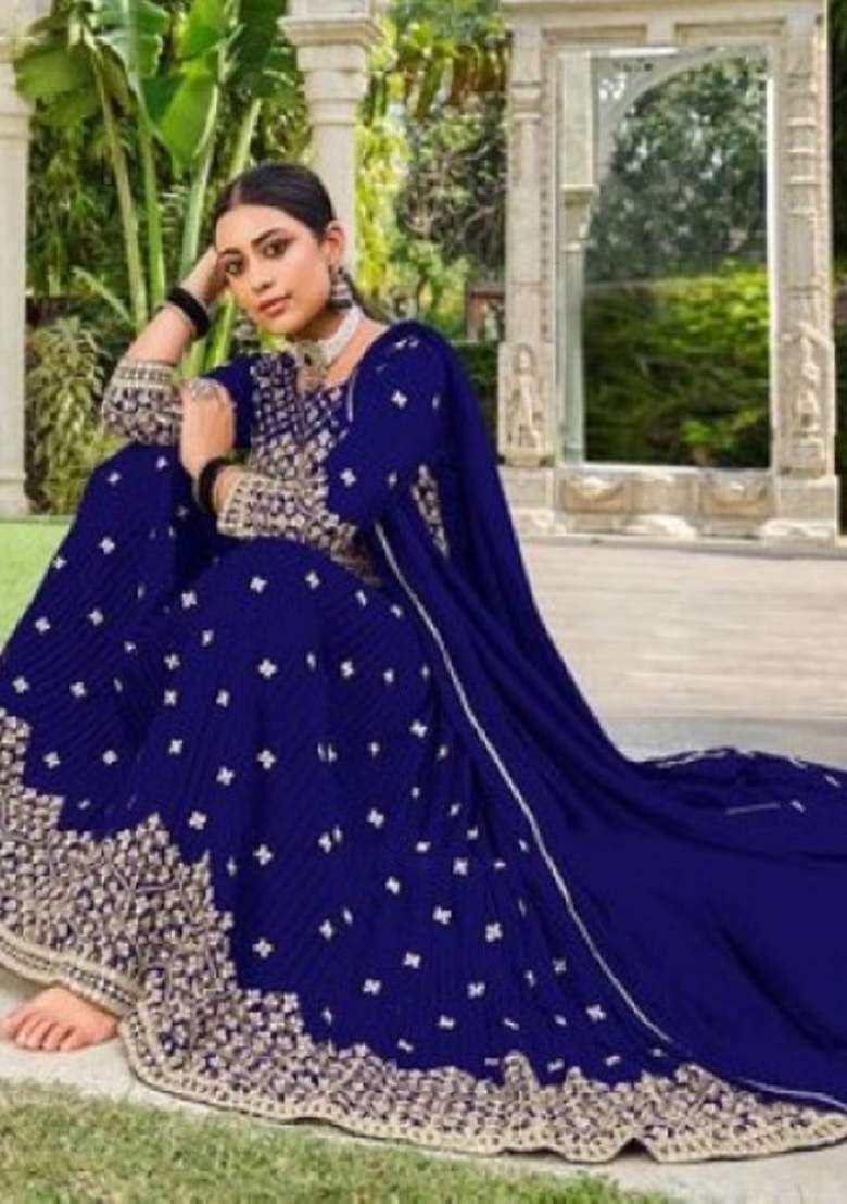 Navy Blue Embroidered Georgette Anarkali Set - Indya