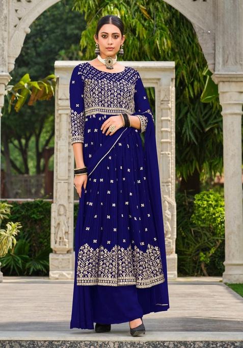 Navy Blue Sequence And Thread Work Georgette Kurta Set