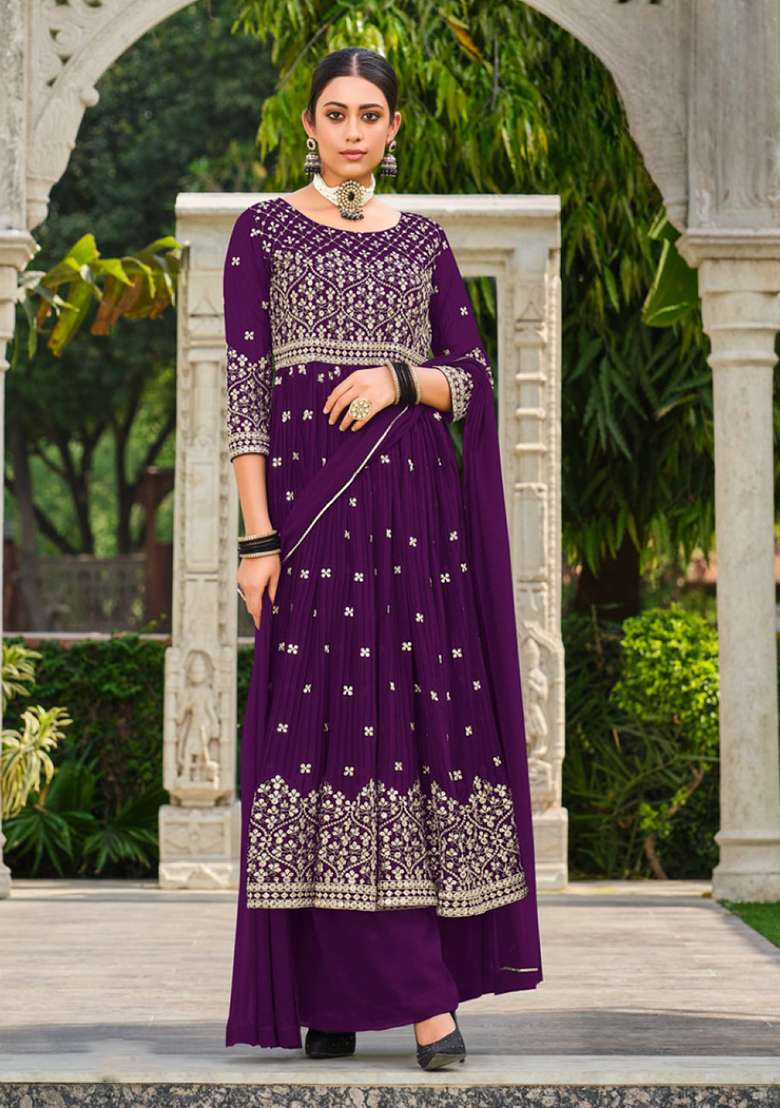 Purple Embroidered Georgette Anarkali Set - Indya