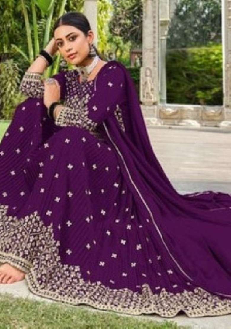 Purple Embroidered Georgette Anarkali Set - Indya