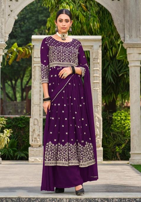 Purple Sequence And Thread Work Georgette Kurta Set