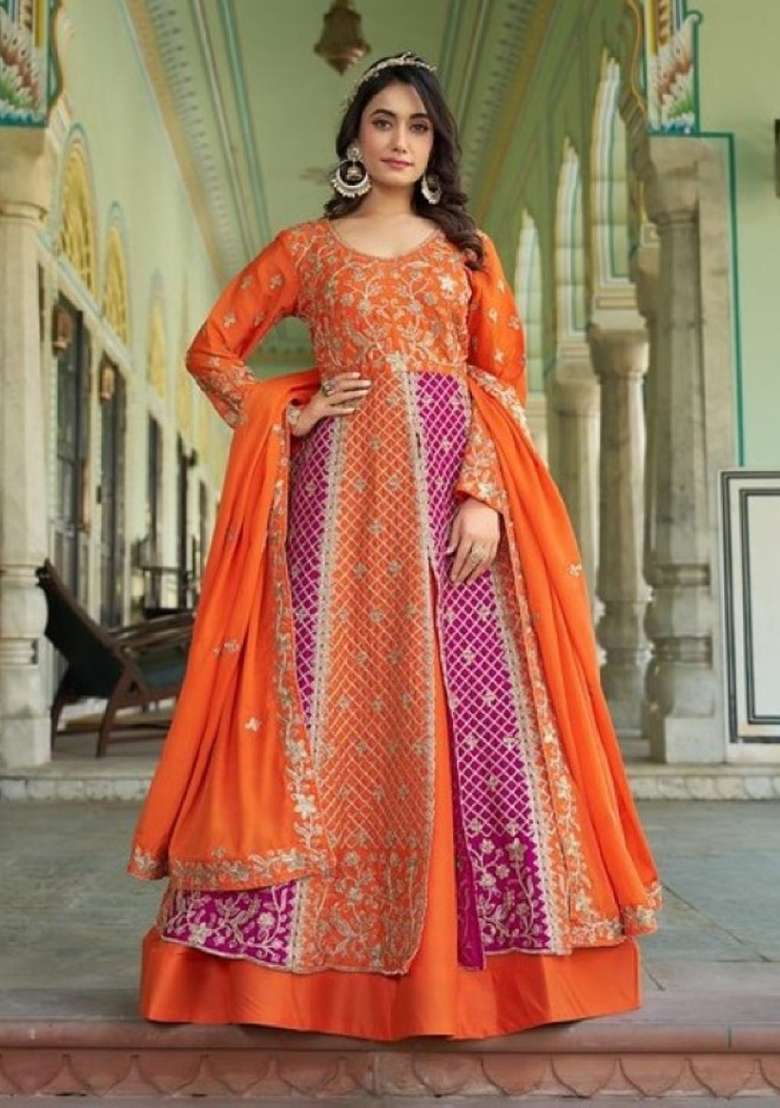 Orange Embroidered Silk Blend Anarkali Set - Indya