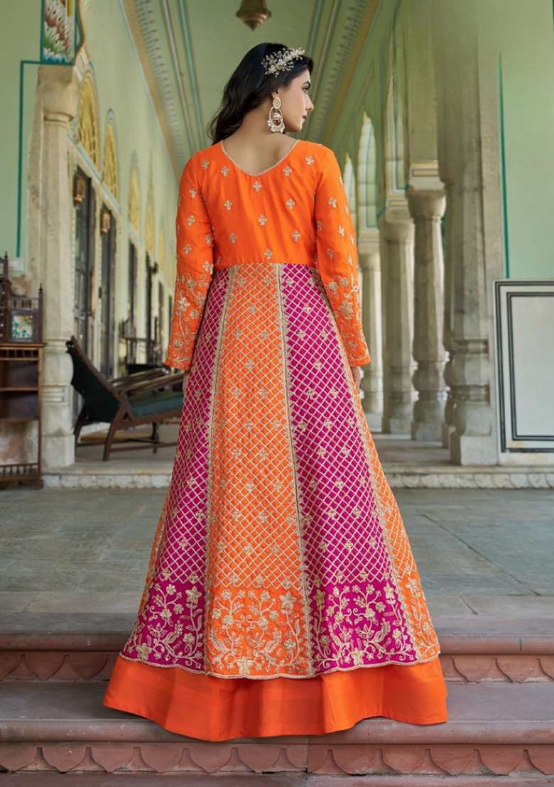 Orange Embroidered Silk Blend Anarkali Set - Indya