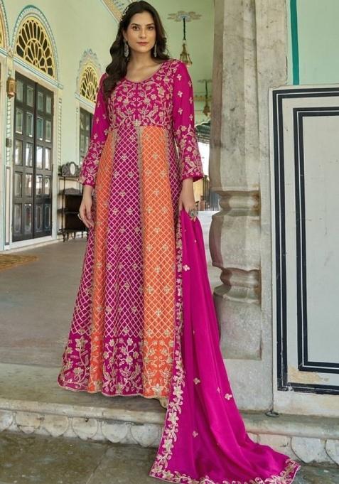 Magenta Sequence And Thread Work Silk Kurta Set