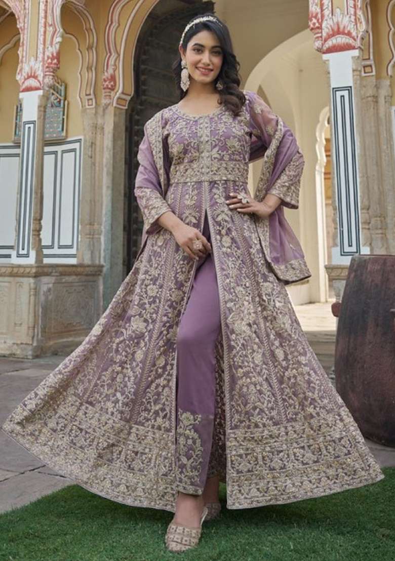 Lavender Embroidered Net Pakistani Suit Set - Indya
